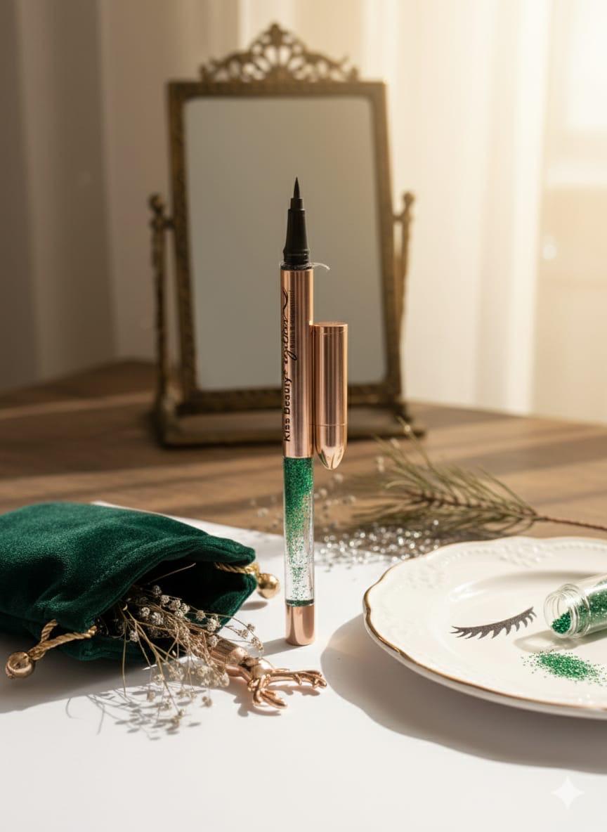 Kiss Beauty Liquid Eyeliner Pen - Waterproof Black Liner with Glitter Design